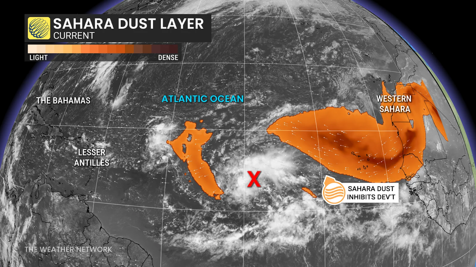 The current level of Sahara dust is inhibiting storm development