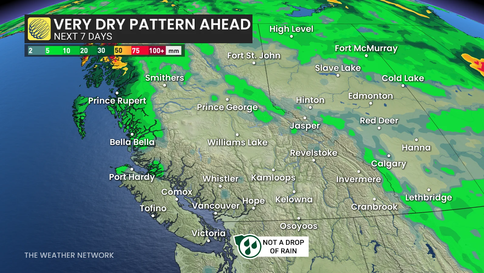 British Columbia, Map, Graphic, Dry, Weather, Forecast, June 2, 2025. (The Weather Network/Tyler Hamilton)