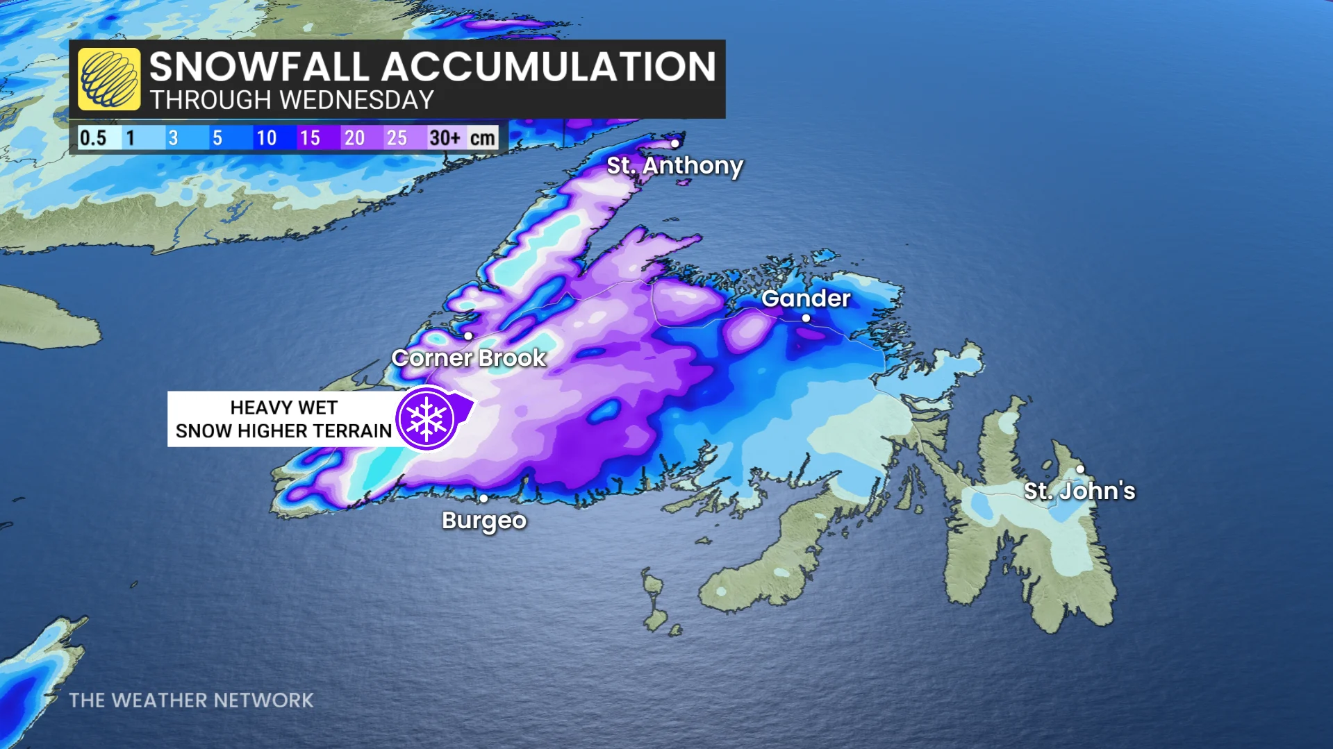 Newfoundland snowfall accumulation through Wednesday
