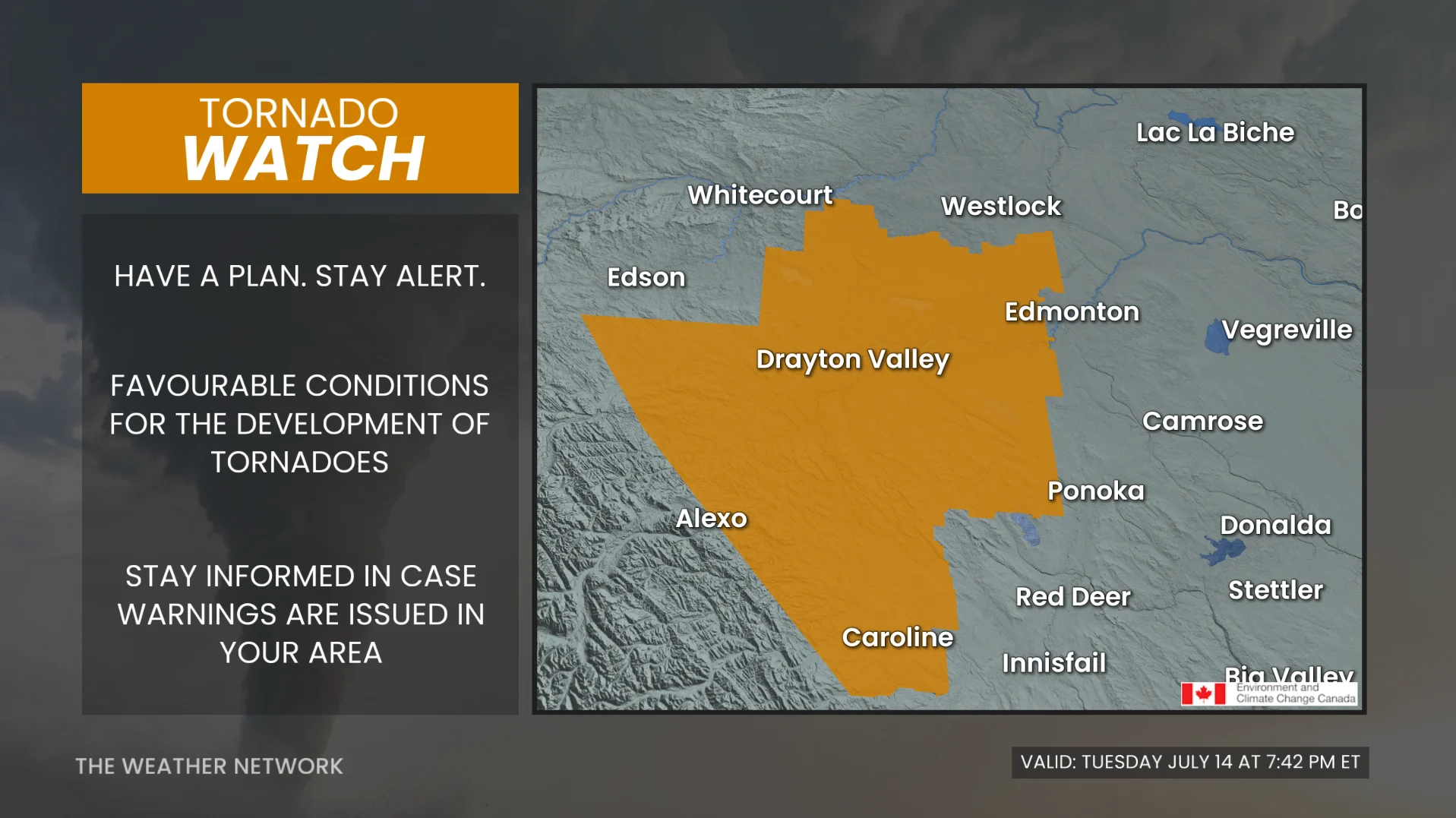 Alberta, Tornado, Watch, Prairies, Storm, Rain, July 14, 2026. (The Weather Network)