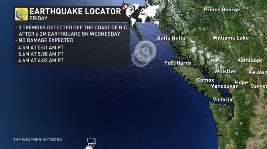 3 earthquakes detected within minutes off B.C. coast