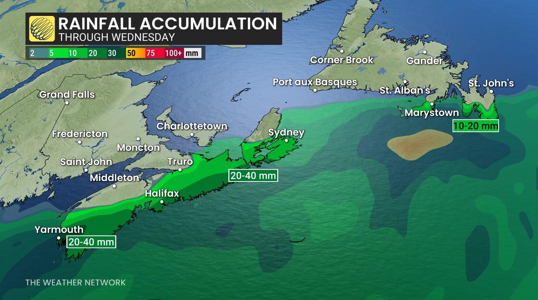 Atlantic Canada rainfall through Wednesday