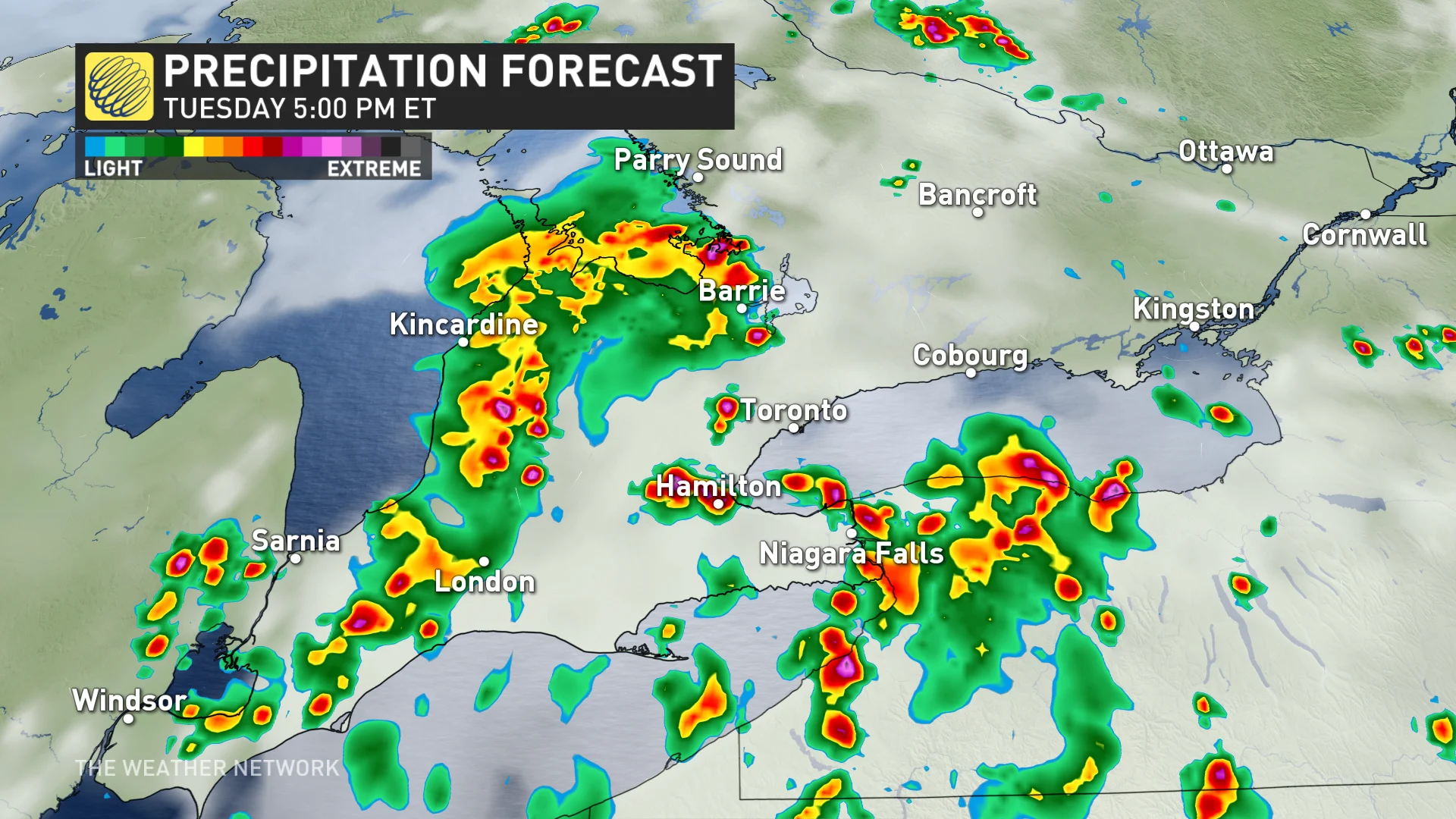 Tuesday evening precipitation timing southern Ontario