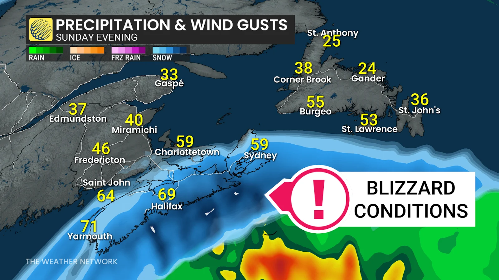 Atlantic Canada, Rain, Wind, Storm, Blizzard, Cold, Nor'easter, January 31, 2026. (The Weather Network)