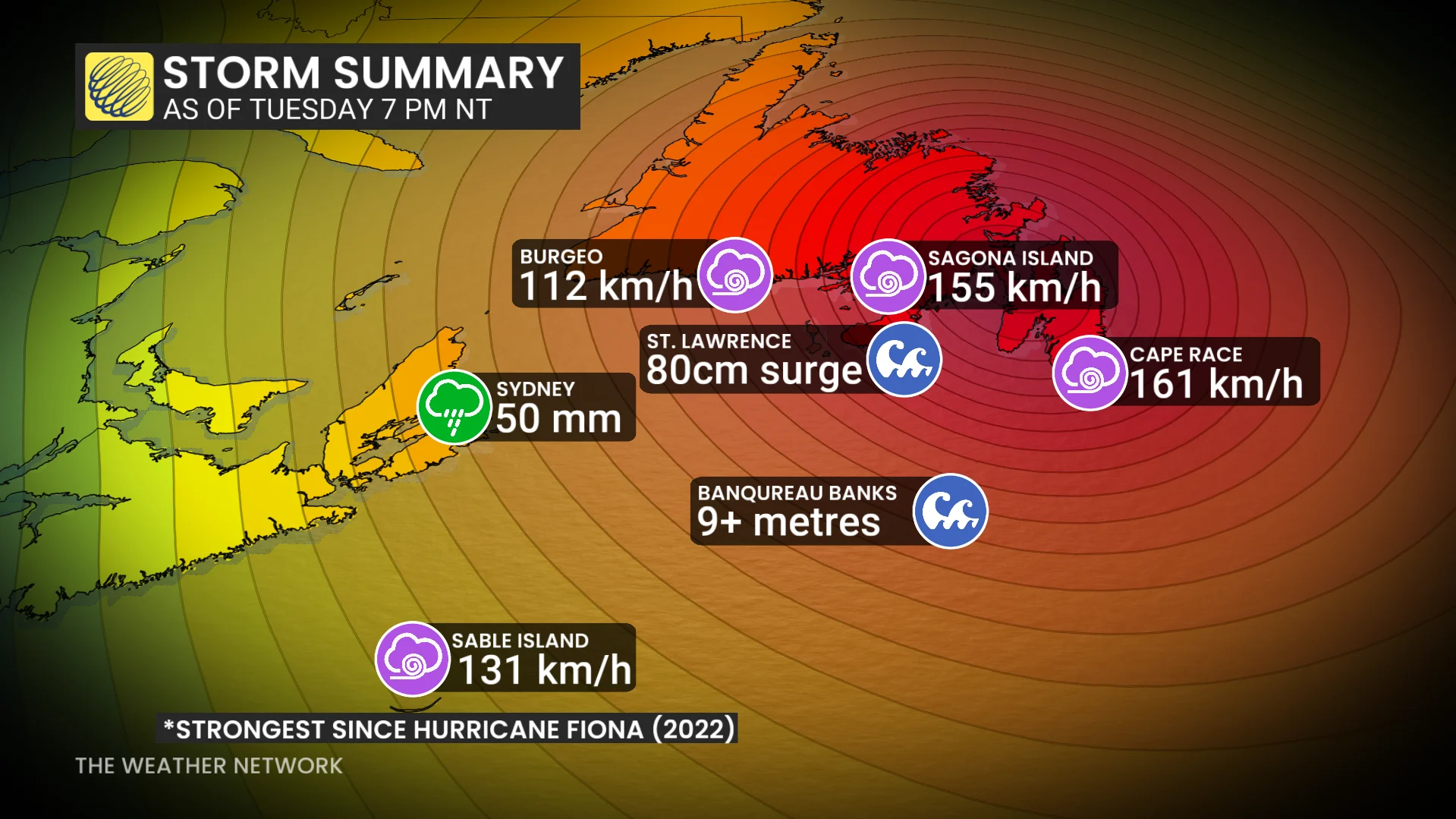Updated Atlantic Canada storm summary as of Tuesday 7 p.m. NT