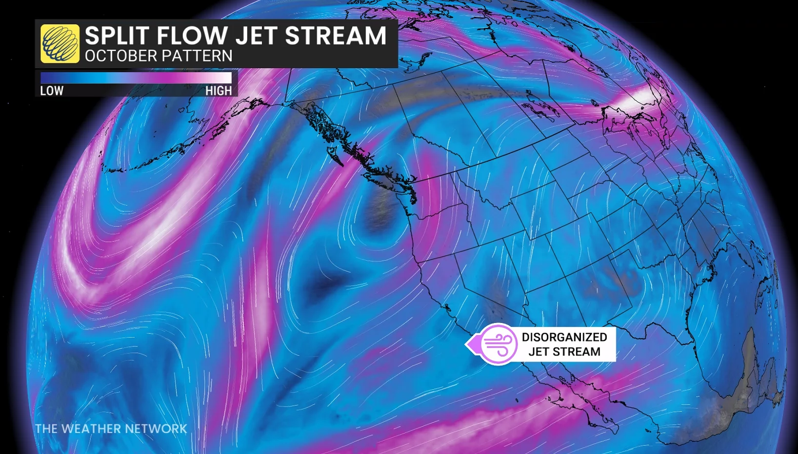 Split flow jet stream October pattern