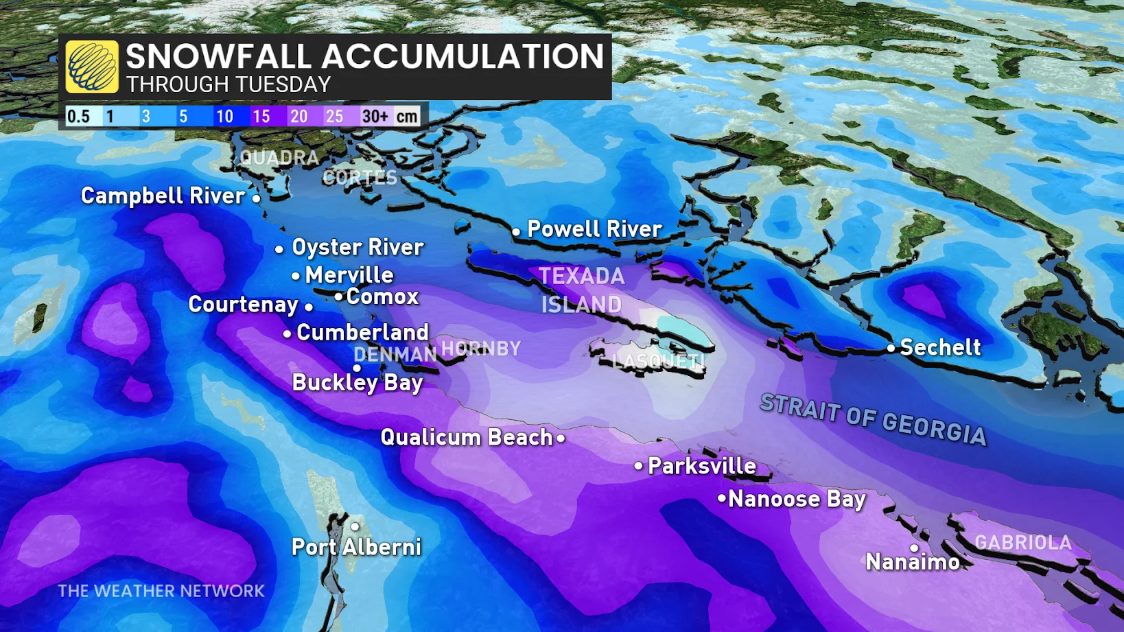 Vancouver Island snowfall map through Tuesday