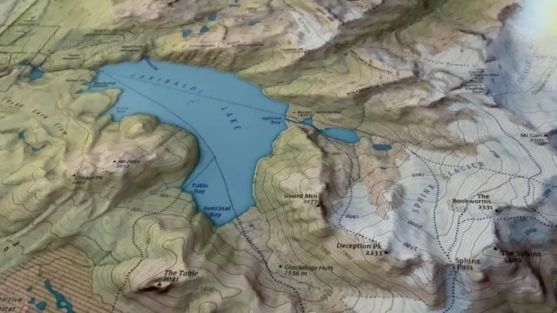 CBC Clark focused on mountains and forests in his Garibaldi Lake map. (Alanna Kelly/CBC)