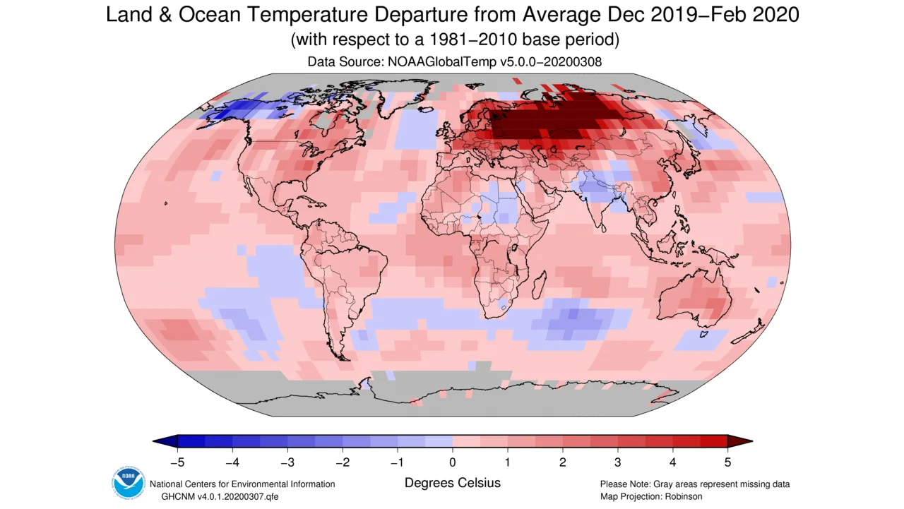 NOAA Global Climate Report Winter temp anomaly map Dec 2019 - Feb 2020
