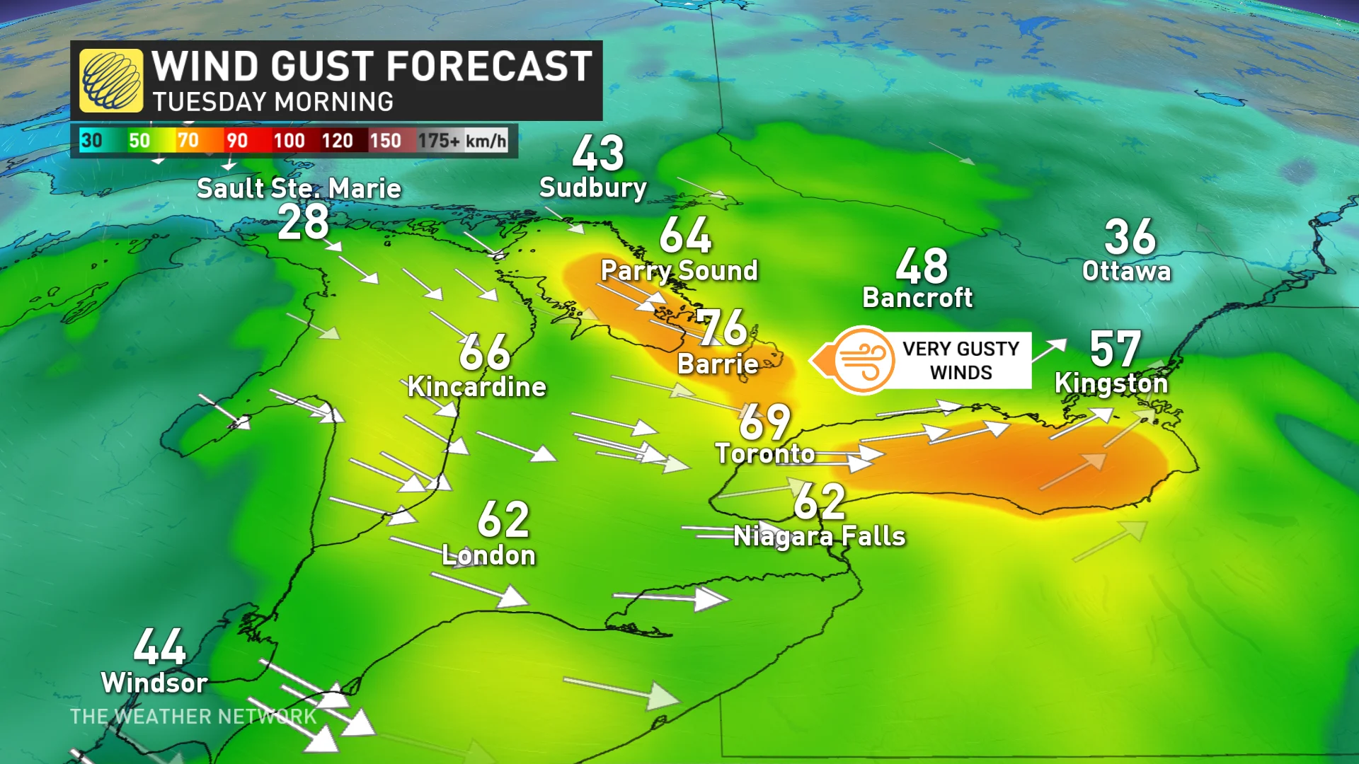 Ontario wind gust Tuesday morning