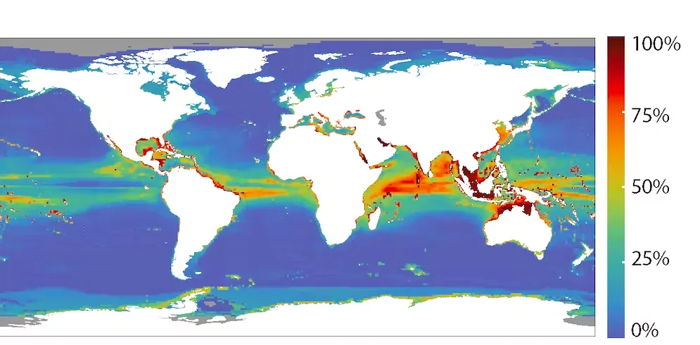 The proportion of marine species at high or critical climate risk under high emissions by 2100. Darkest red shading denotes the highest risk areas, and darkest blue the lowest. (Daniel G. Boyce)