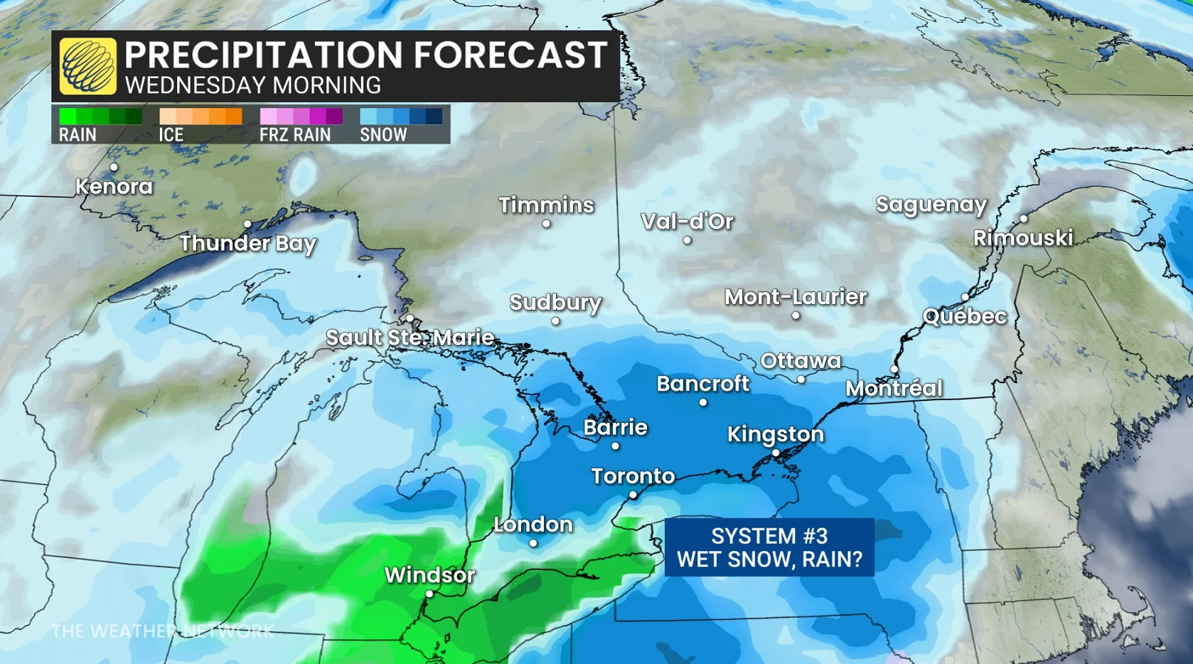 Ontario precipitation timing Wednesday morning