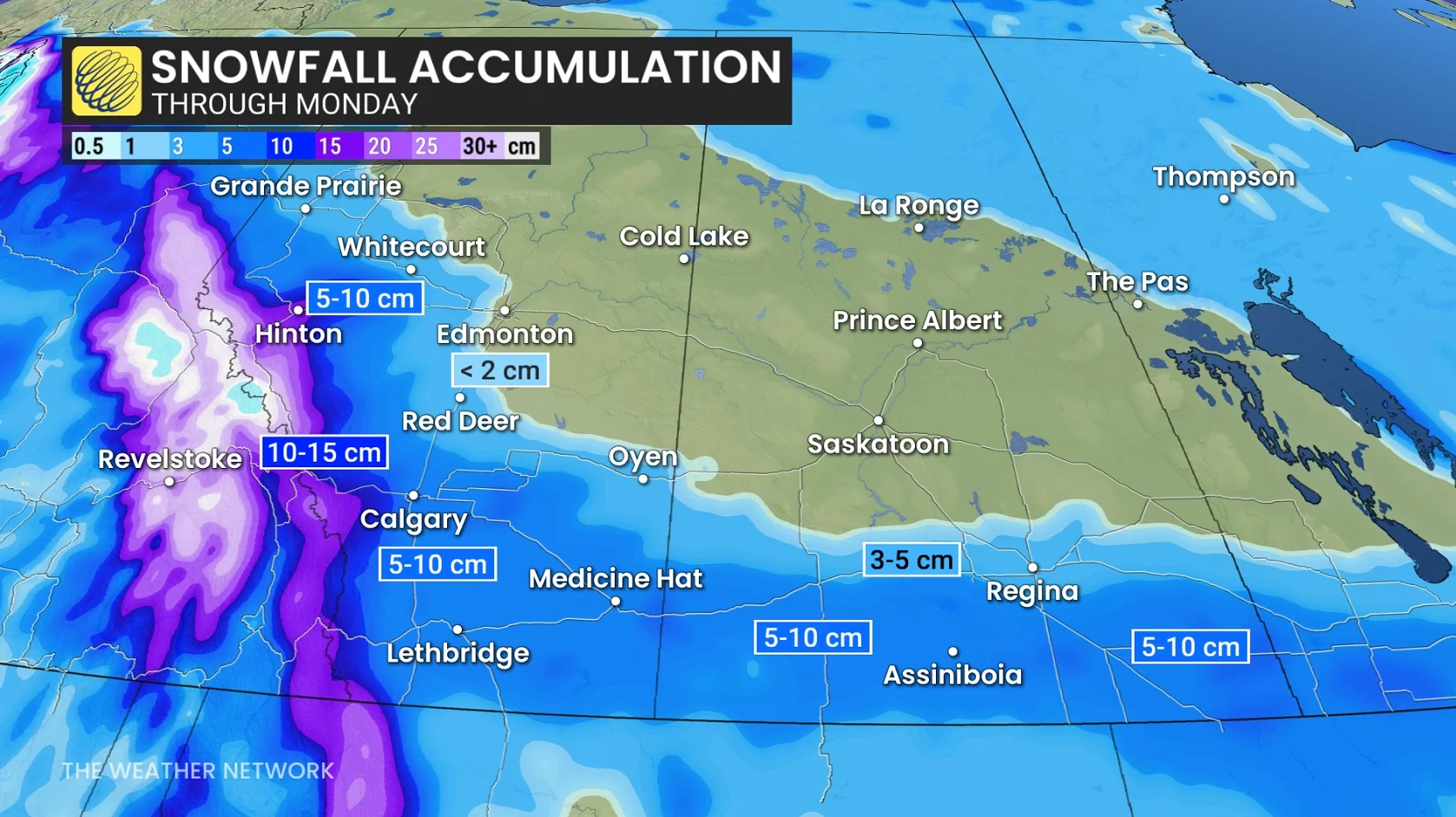 Prairies snowfall outlook through Monday