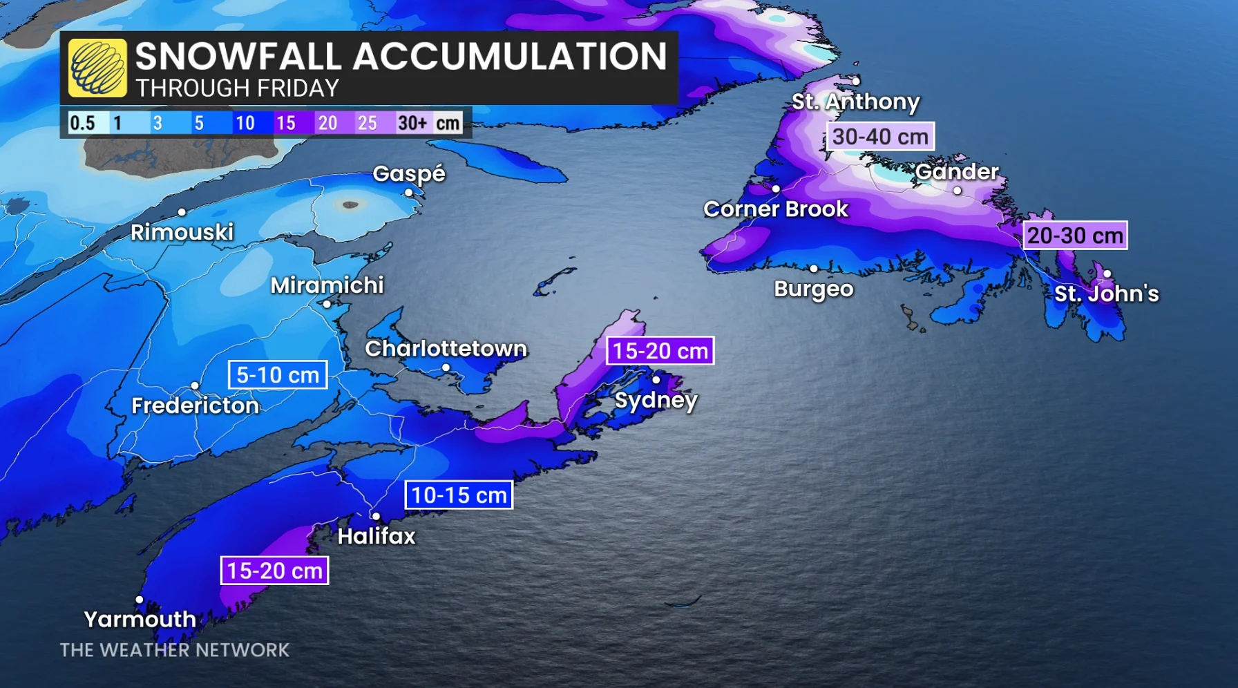 Atlantic Canada snowfall through Friday