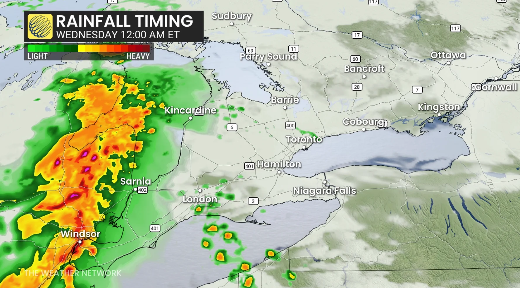 Ontario precipitation timing Wednesday midnight