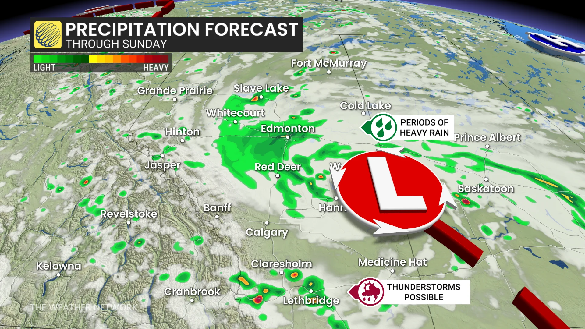 Alberta precipitation timing through Sunday