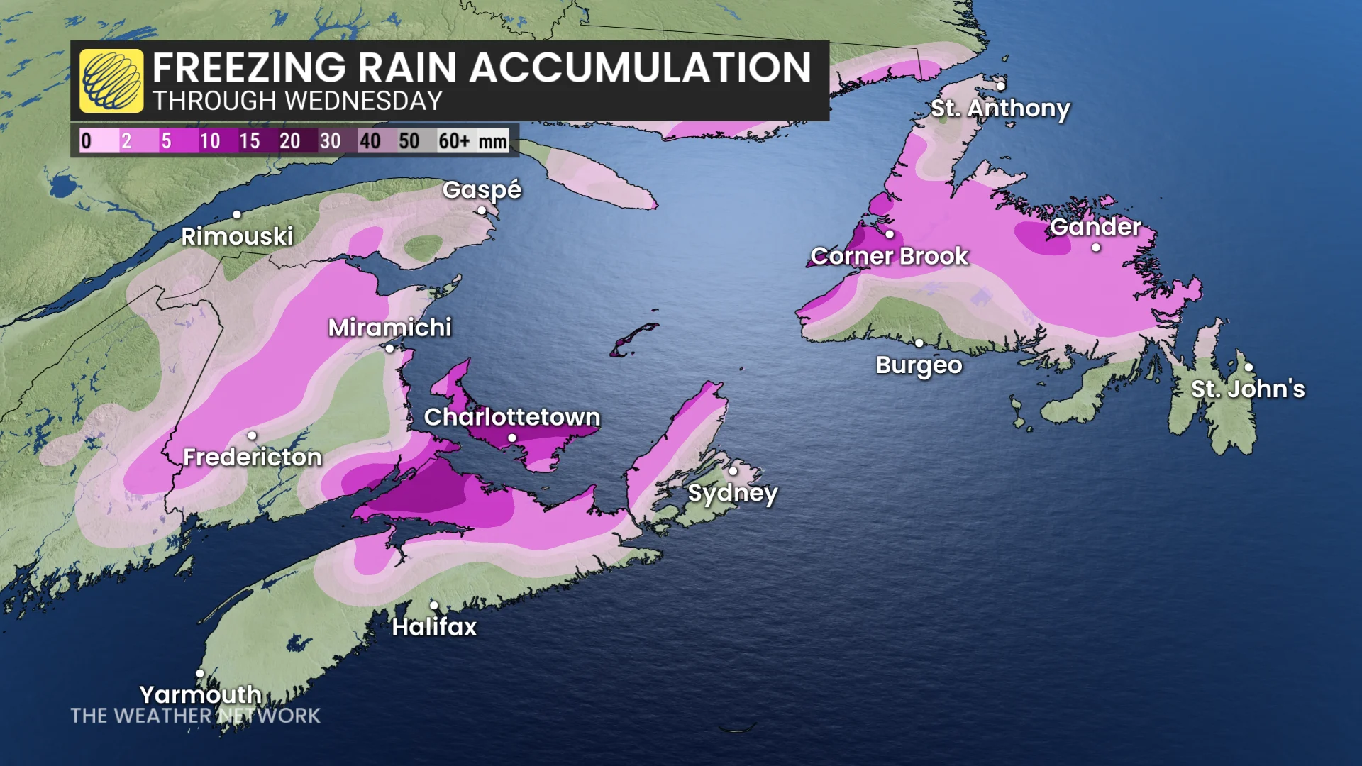 Atlantic Canada freezing rain accumulation through Wednesday