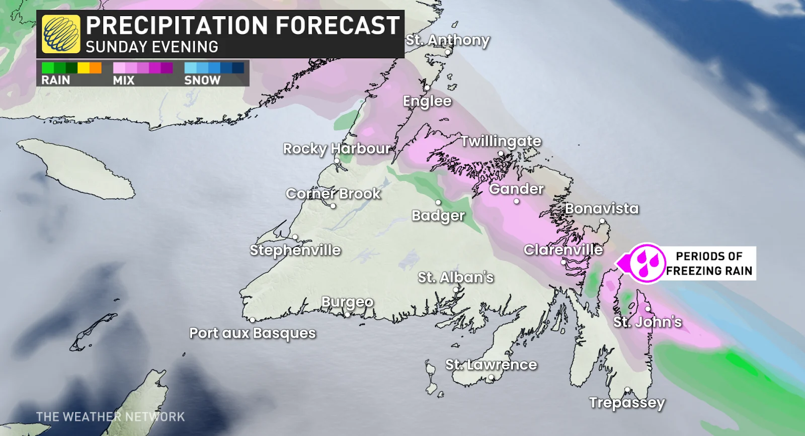 Newfoundland precipitation Sunday evening