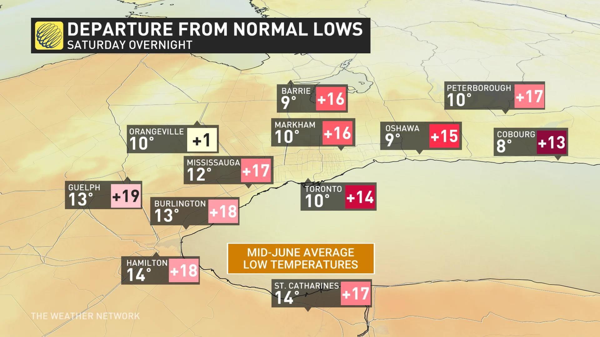 Ontario Departure from Normal Lows Saturday