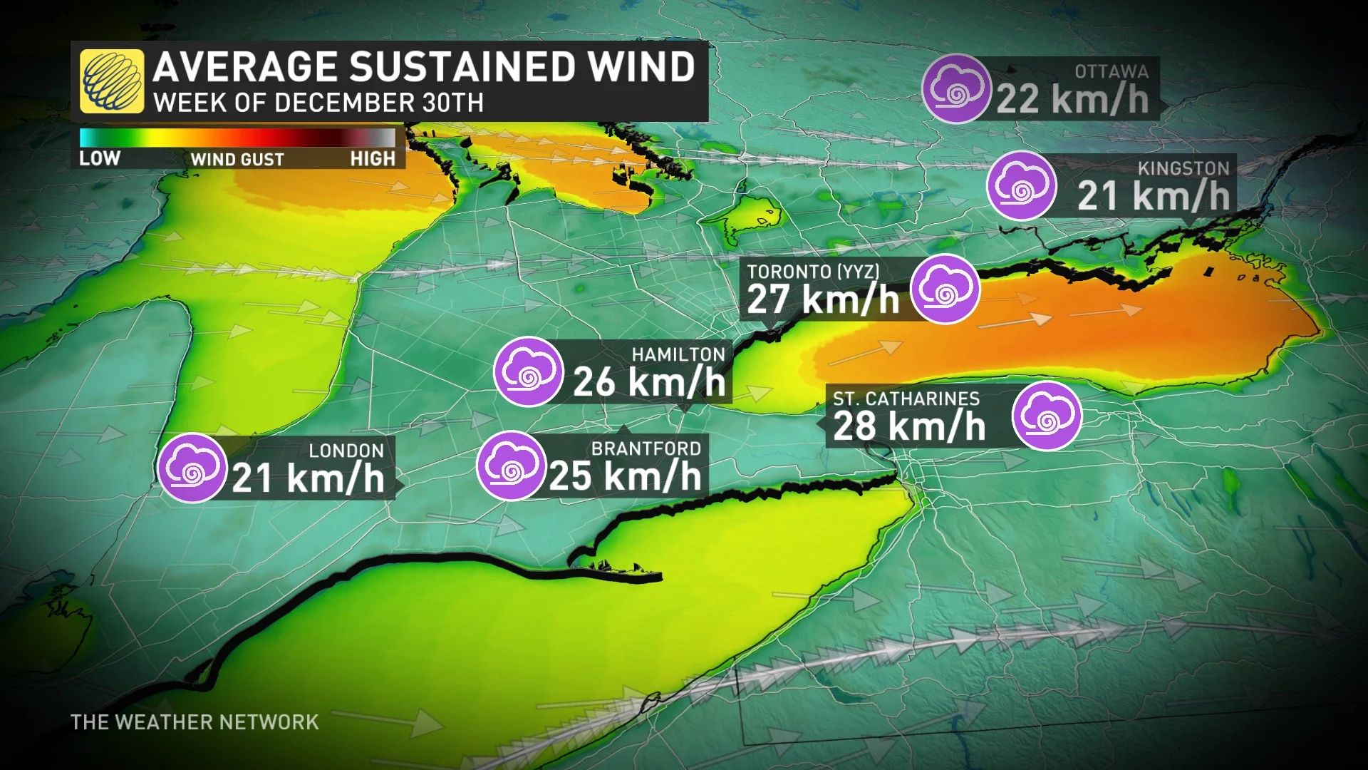 Average, sustained wind in Ontario week of Dec. 30, 2024