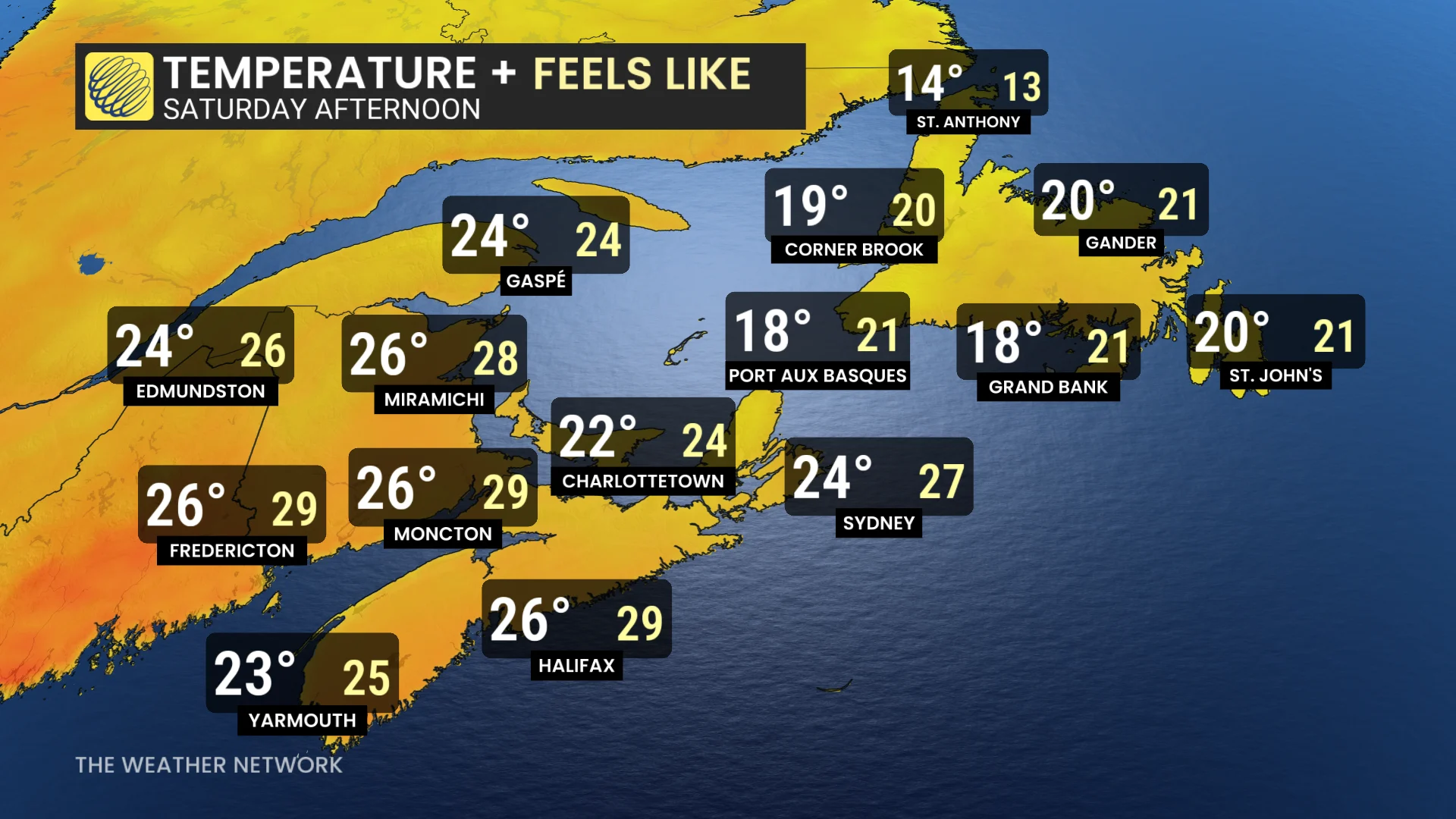 Baron - Atlantic Canada Saturday temperatures - July 25