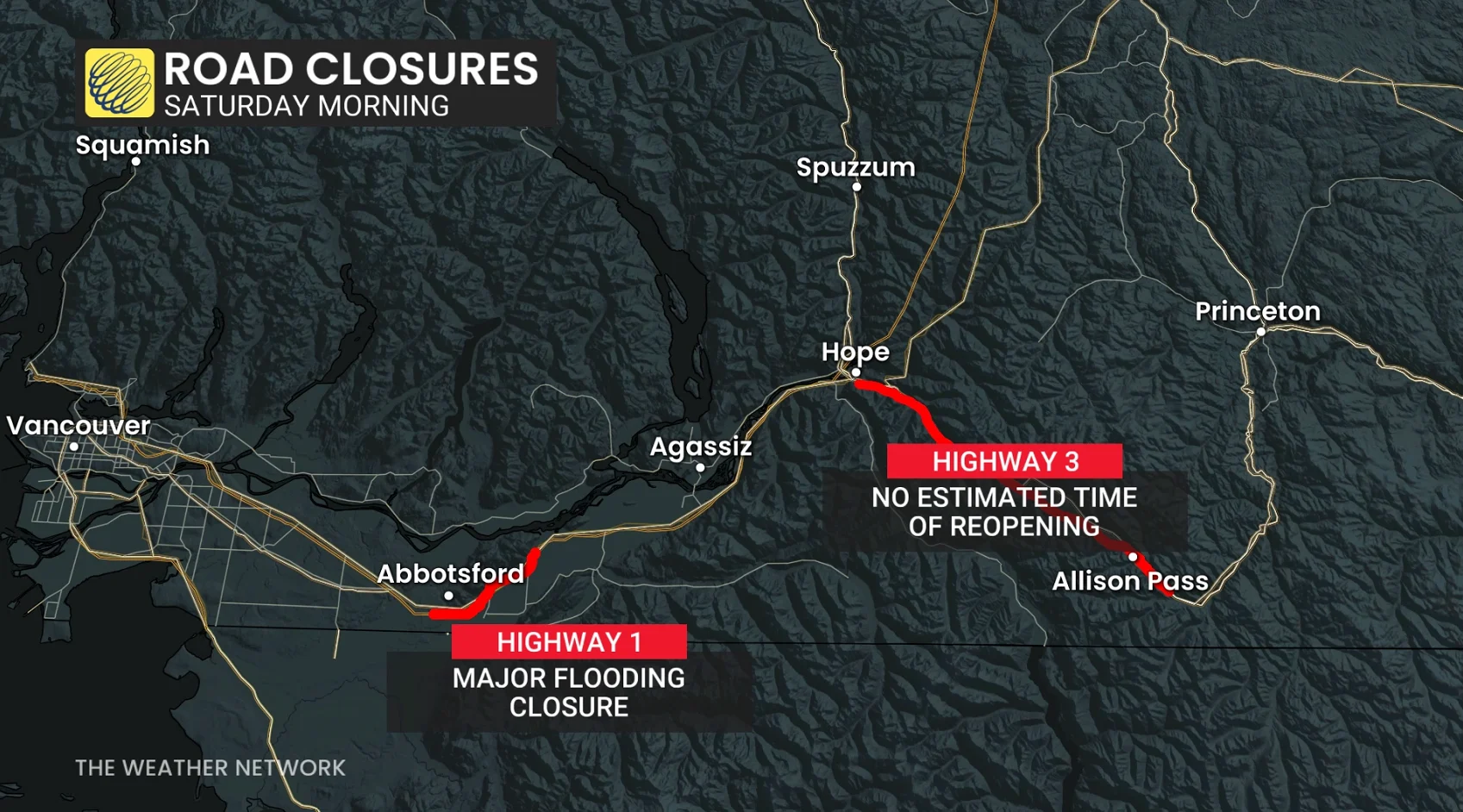 B.C. road closures Saturday morning