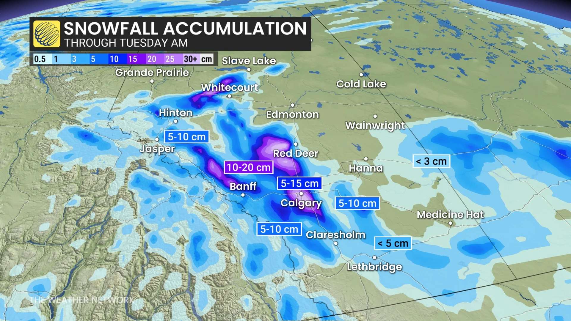 Alberta snowfall accumulation map through Tuesday