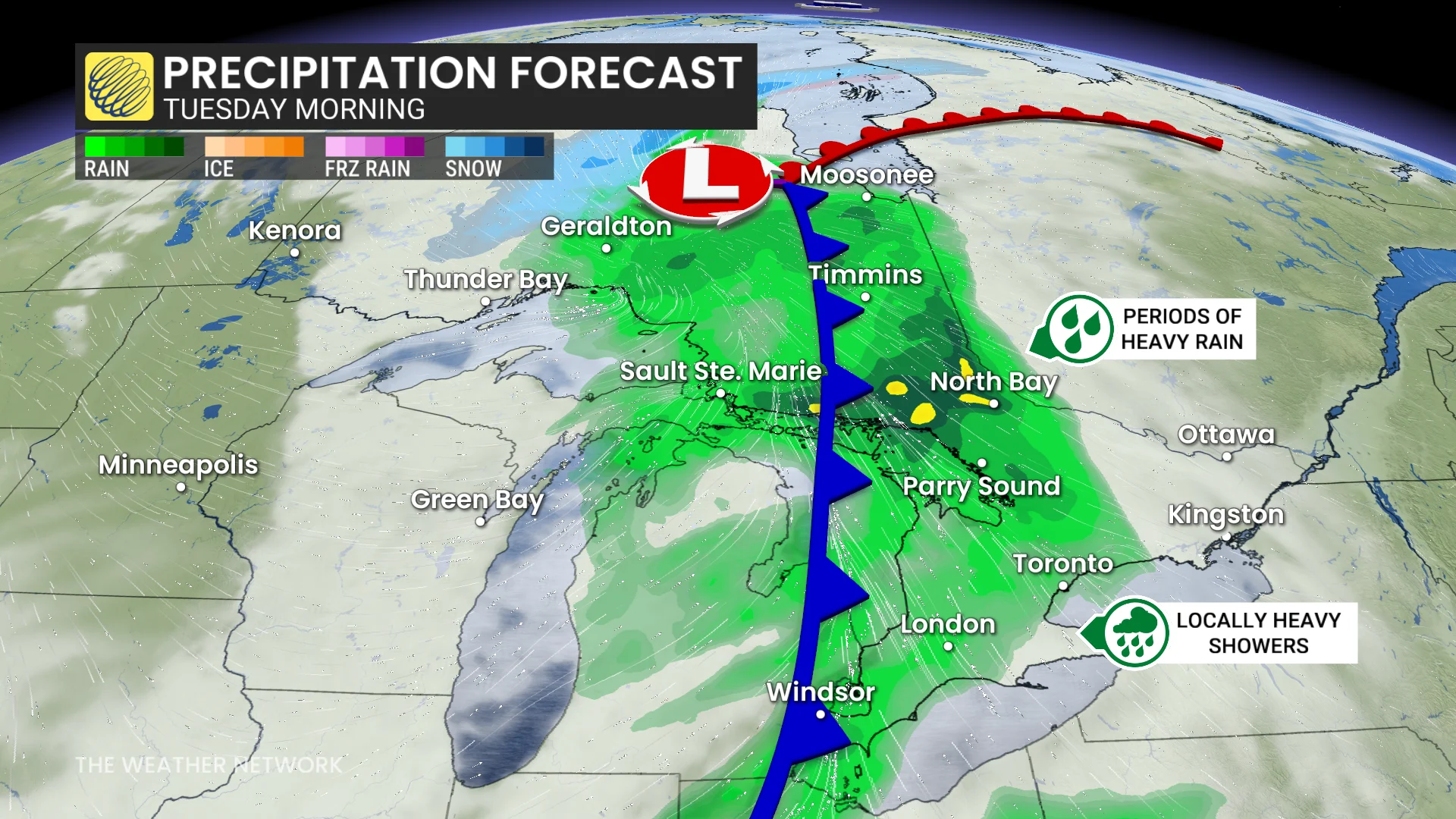 Ontario precipitation timing Tuesday morning