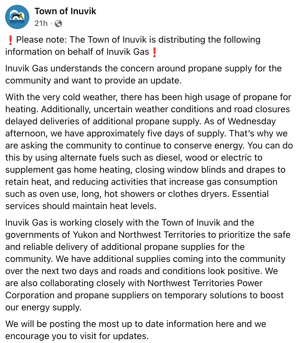 Town of Inuvik/Facebook: Propane