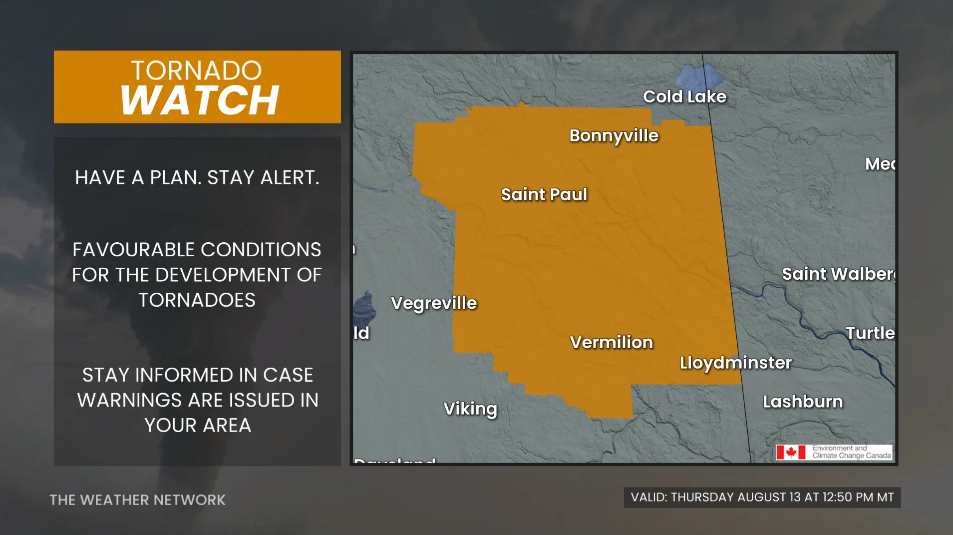 Tornado watch Alberta August 13 2026