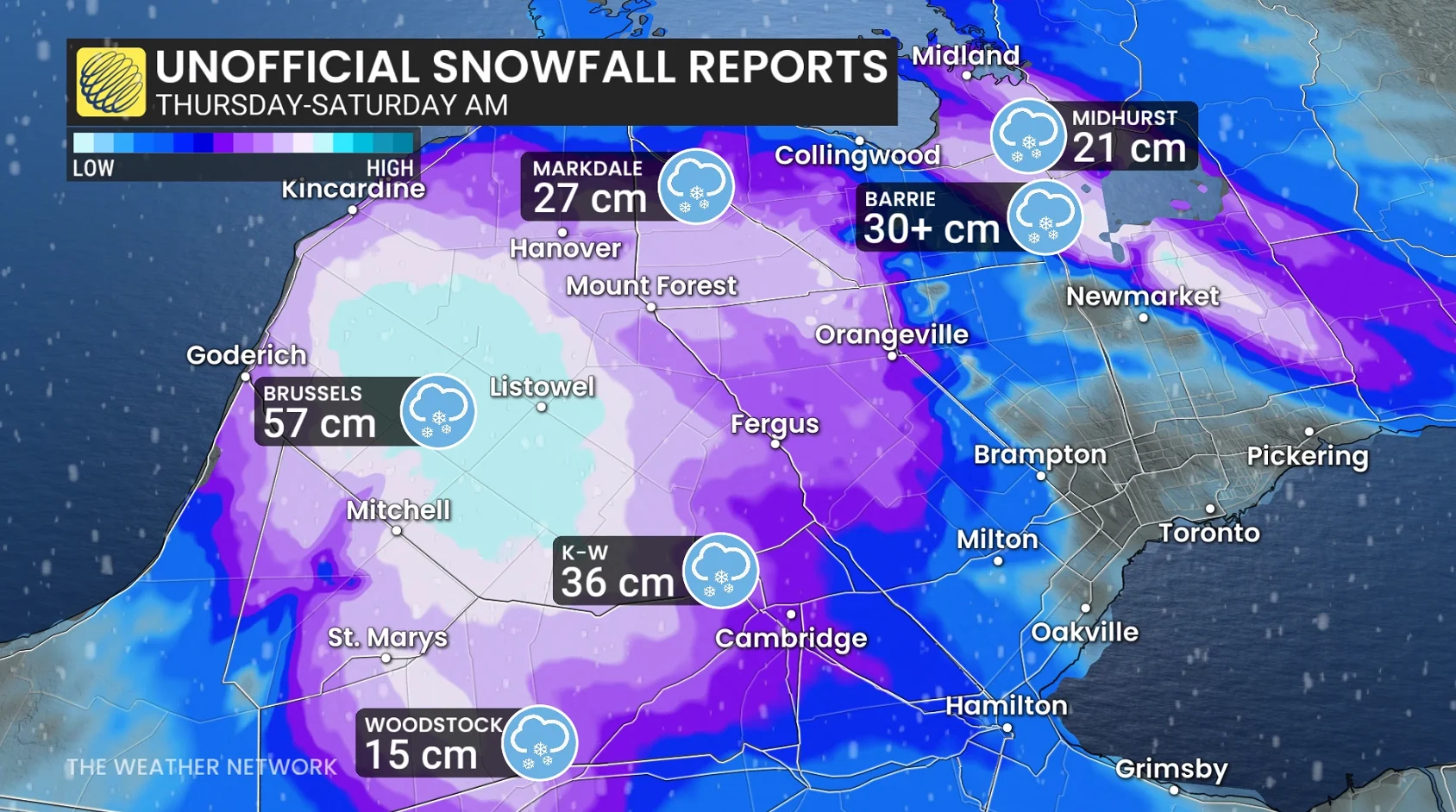 Unofficial snowfall reports from Nov. 27-29 Ontario