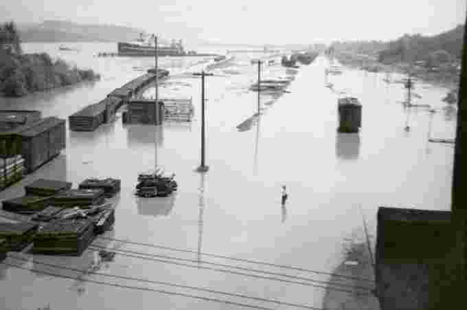 A flood at Port Mann and the Canadian National Railway shops. Courtesy of the City of Surrey Archives 