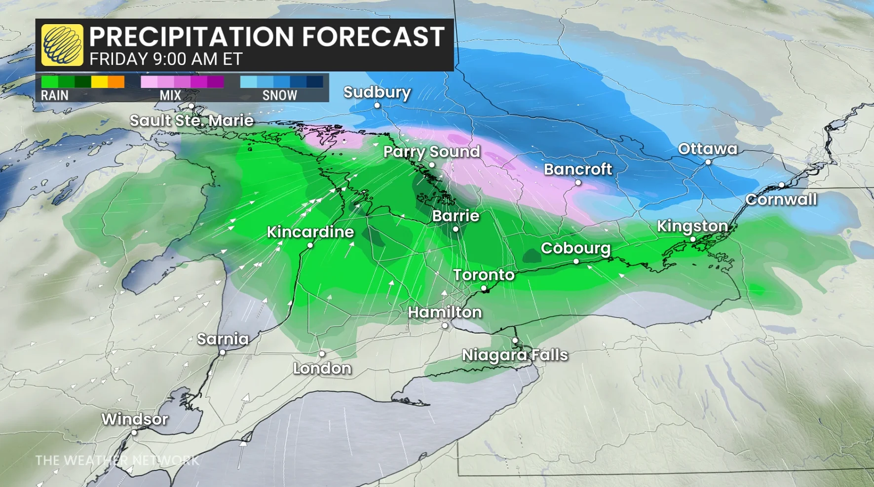 Ontario precipitation timing Friday morning