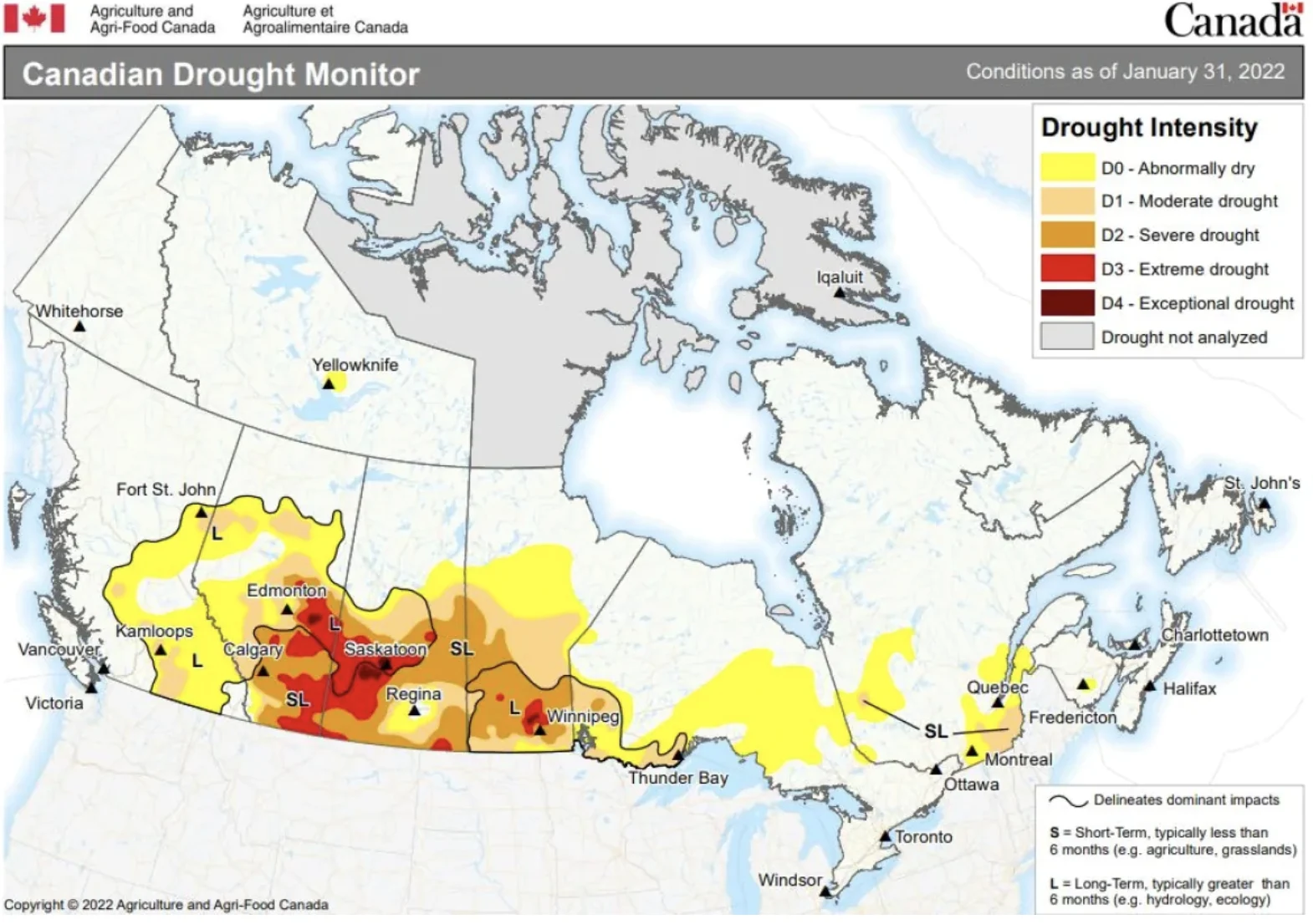 The latest drought monitor report from Agriculture and Agri-Food Canada shows the extent and severity of drought conditions across the country as of Jan. 31. Extreme drought regions still exist in central Saskatchewan and parts of Manitoba, but the coverage area has significantly reduced. (Agriculture and Agri-Food Canada)