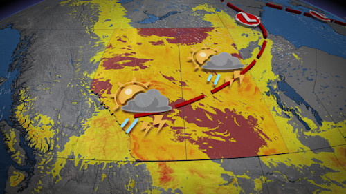 Severe storm risk looms over Alberta as instability across the Prairies brings thunderstorms with wind and hail; large hail up to ping-pong ball size possible