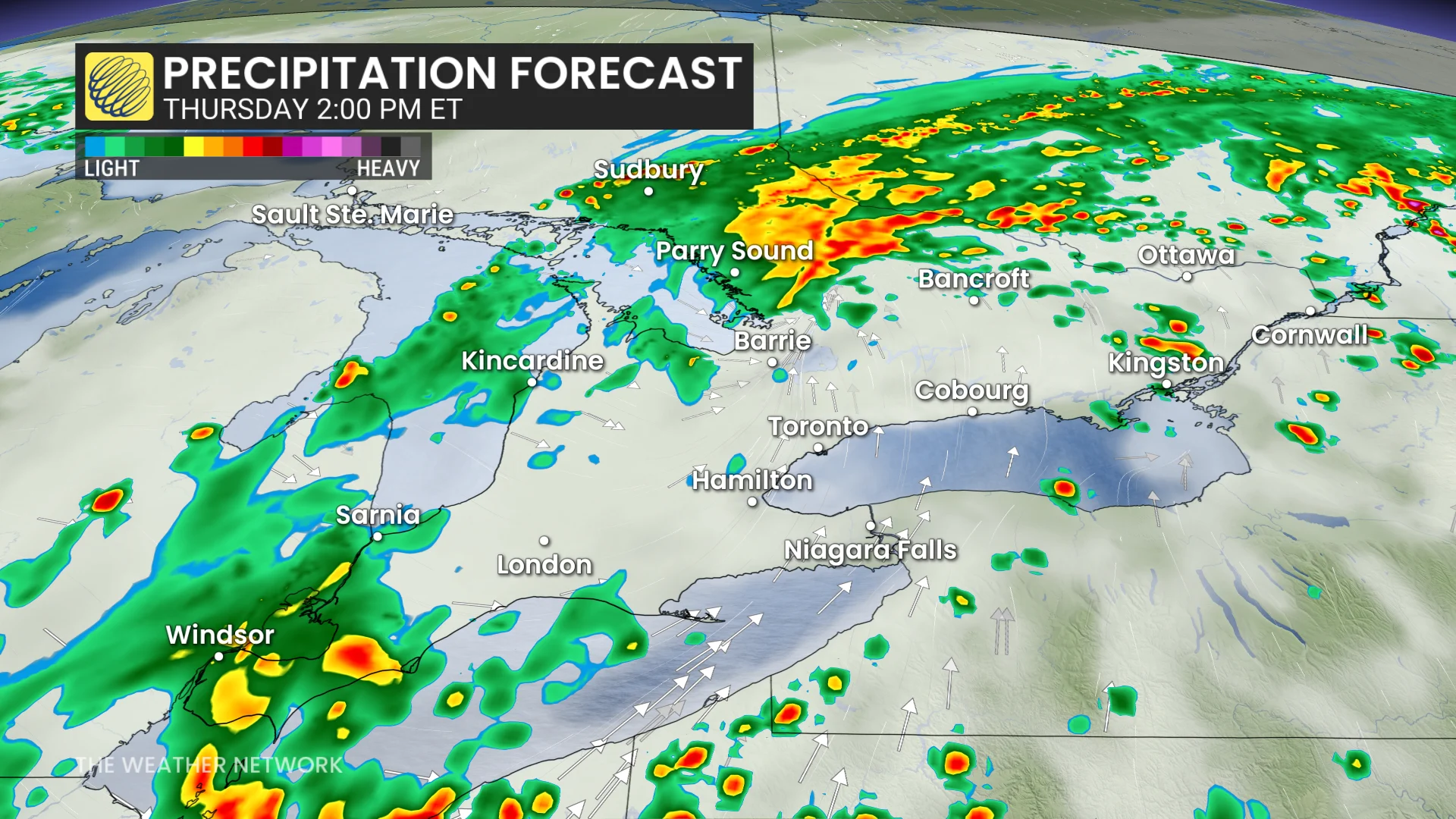 Thursday afternoon precipitation timing forecast Ontario