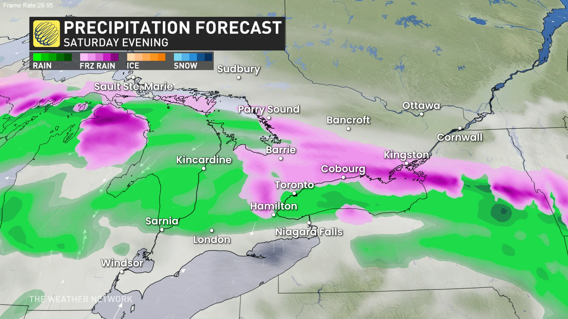 Ontario Saturday evening precipitation forecast timing