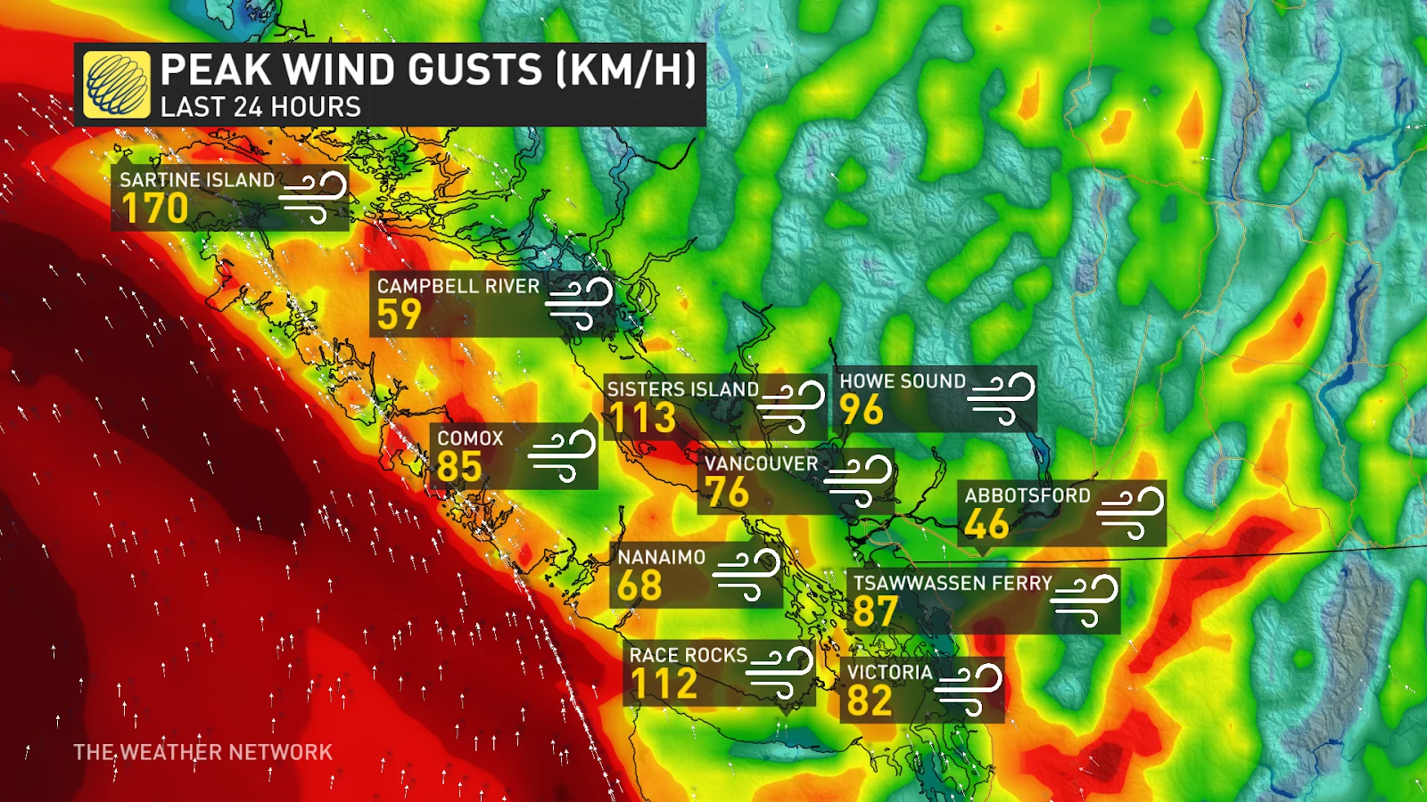 B.C. peak wind gusts