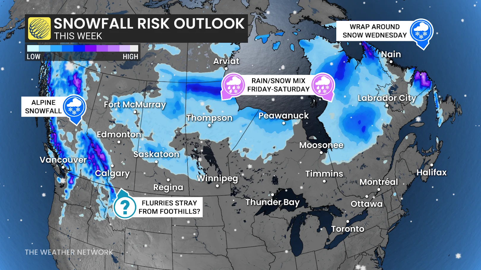 Snowfall risk outlook Canada this week