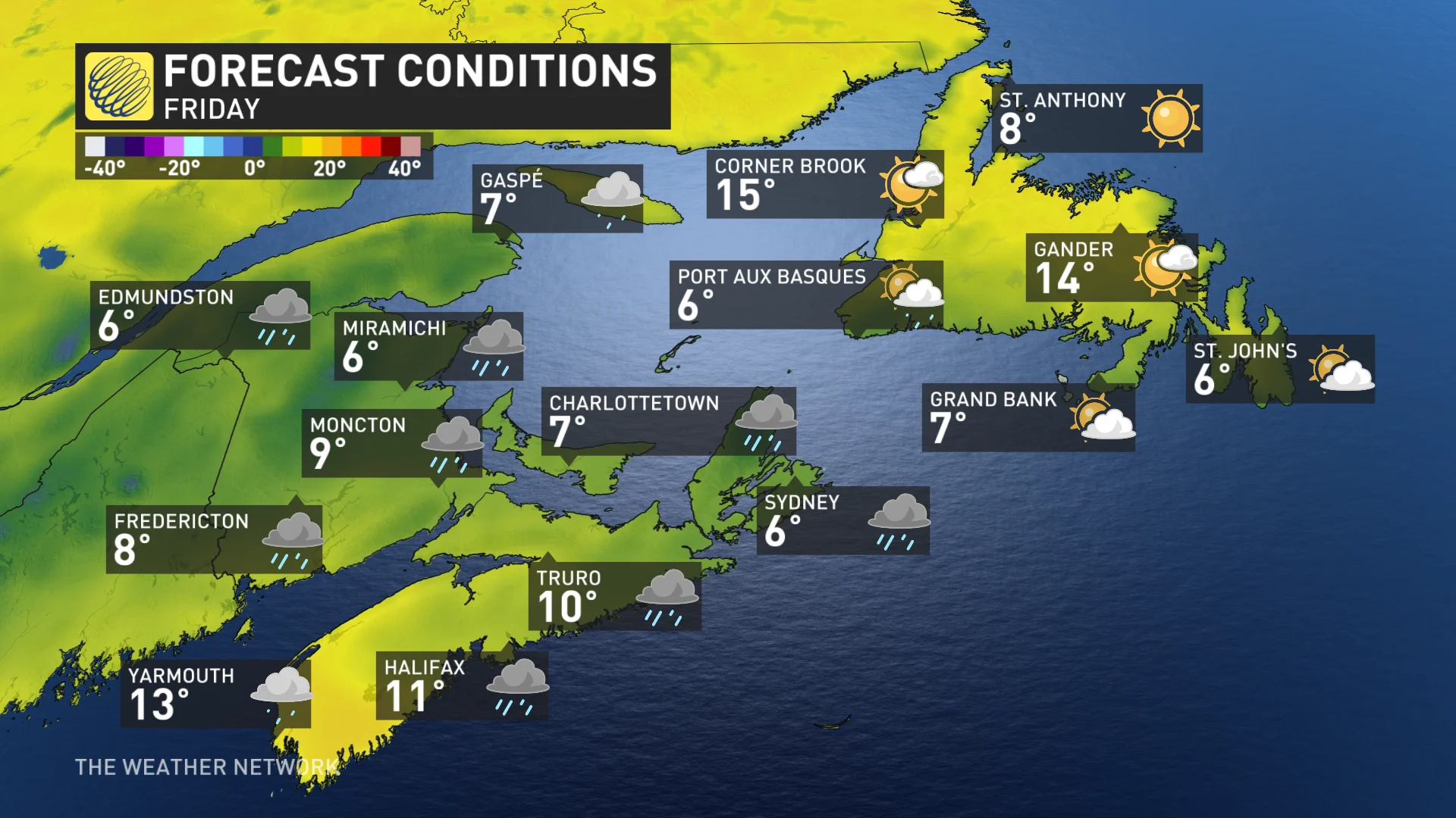 Atlantic Canada Friday temperatures and icons