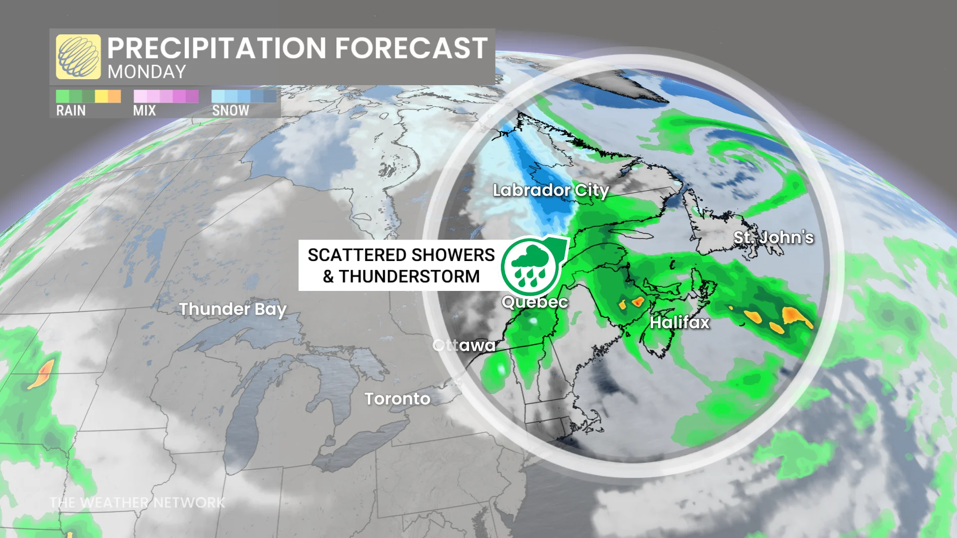 Quebec and Atlantic Canada Monday precipitation timing forecast