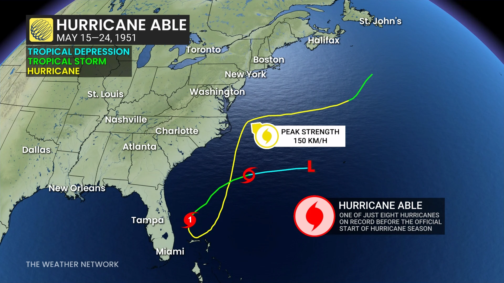 Hurricane Able 1951 Track Map