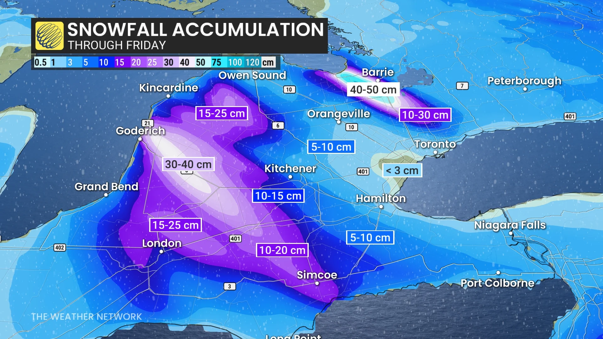 Ontario snowfall accumulation through Friday