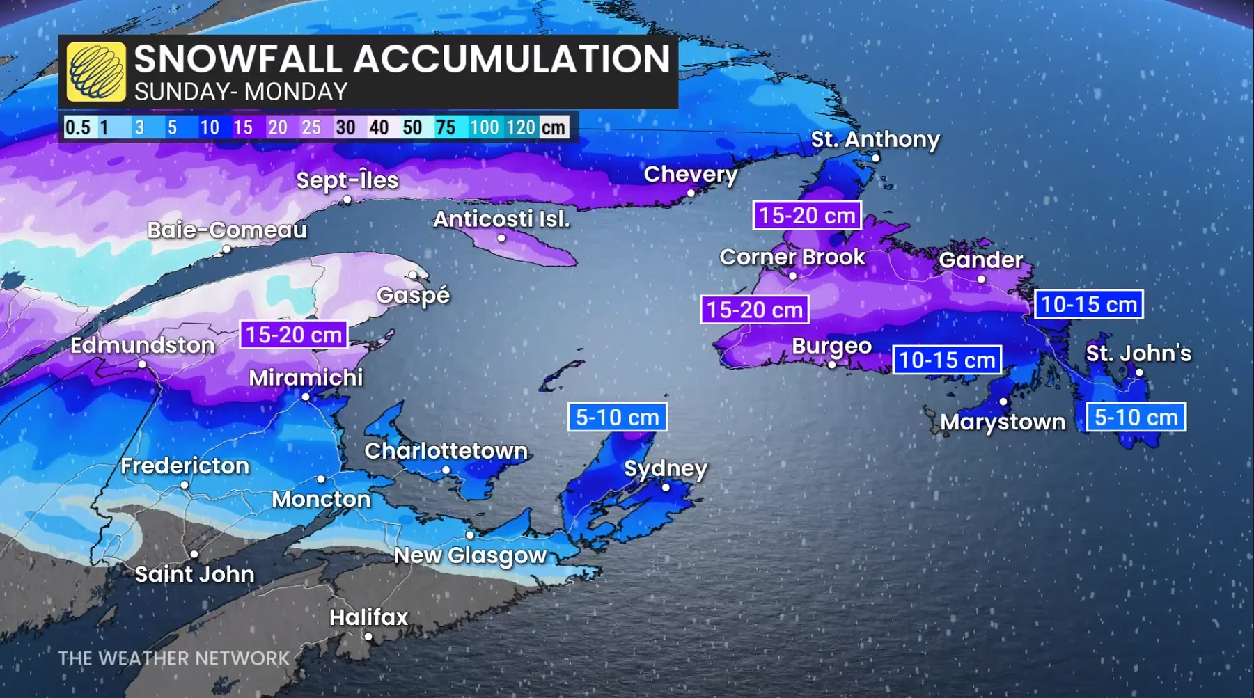Atlantic Canada forecast snow totals Sunday and Monday - April 3, 2026