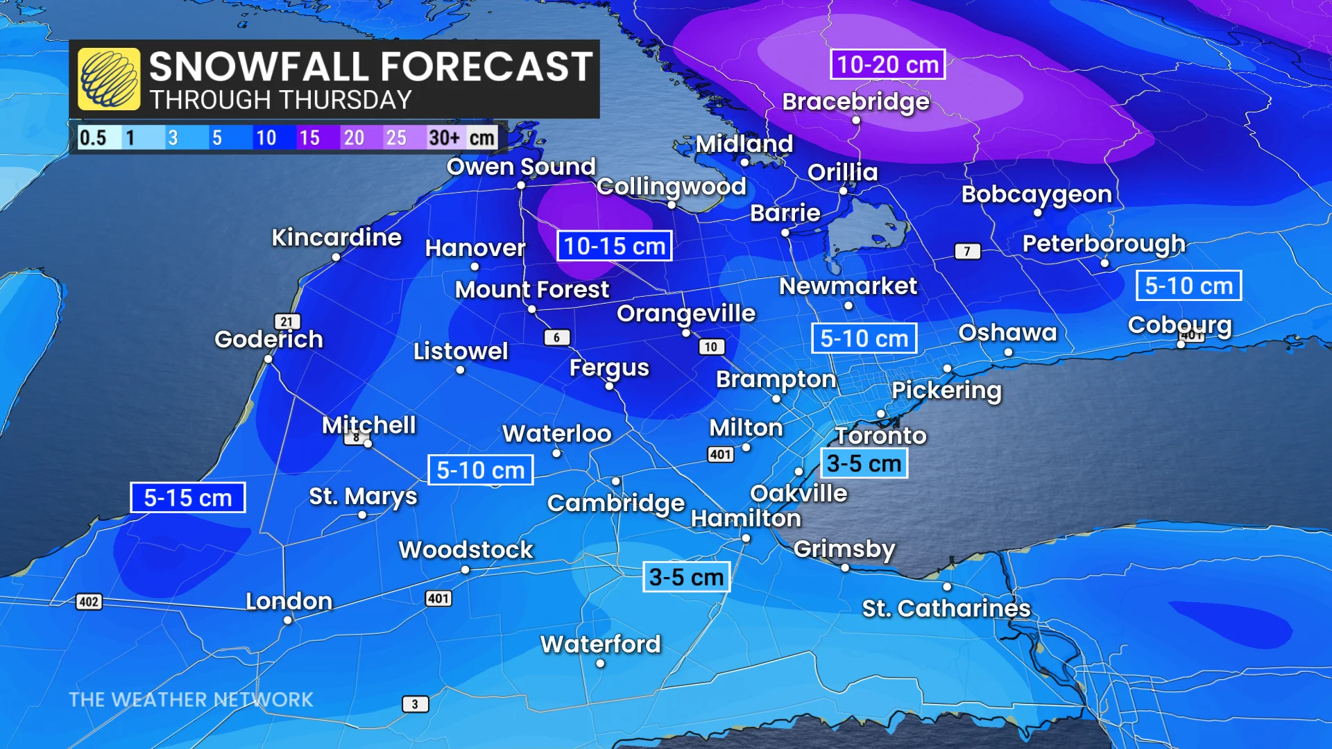 Southern Ontario snowfall crop through Thursday