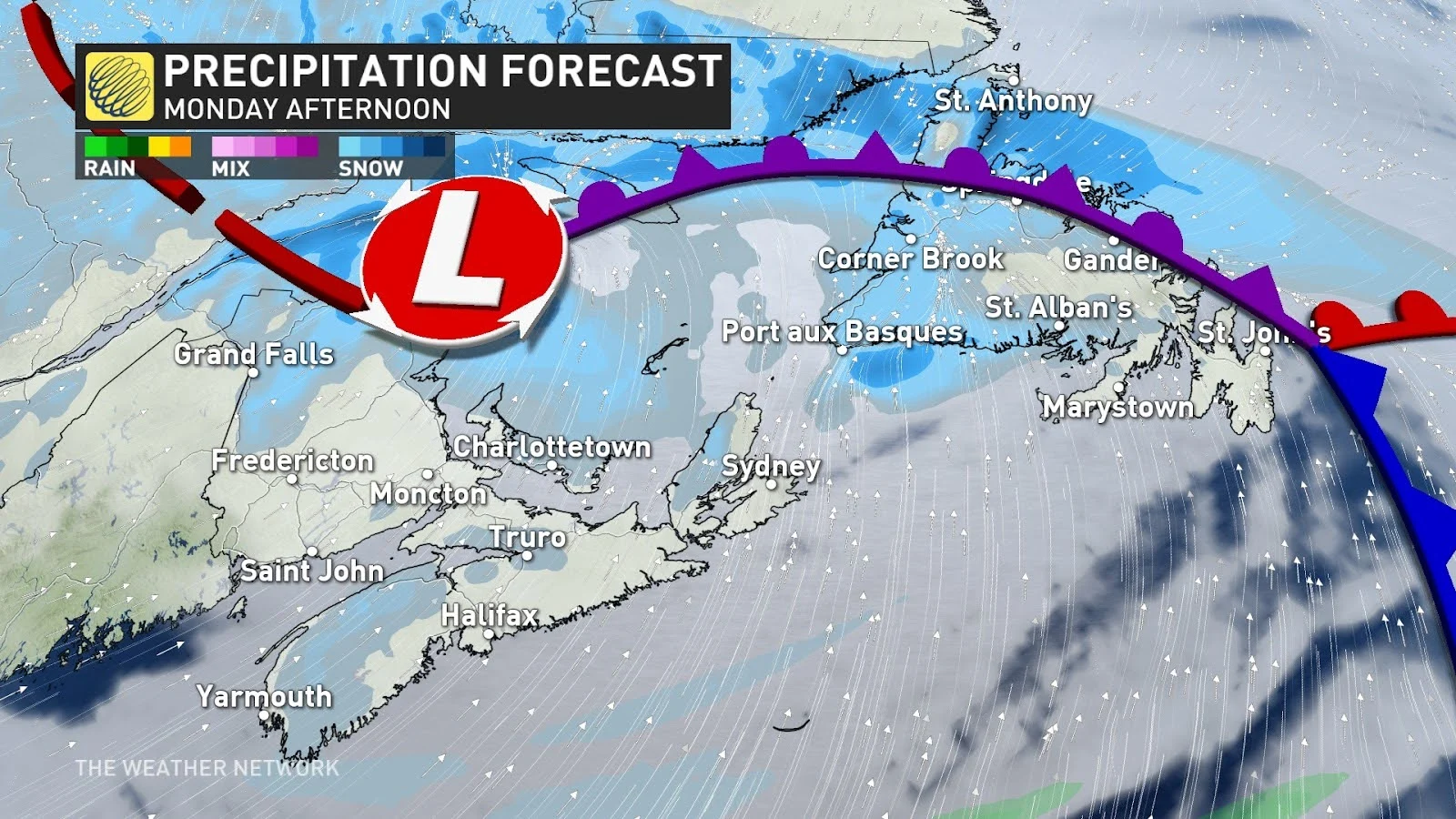 Atlantic Canada Monday afternoon forecast precipitation - Feb. 17, 2025