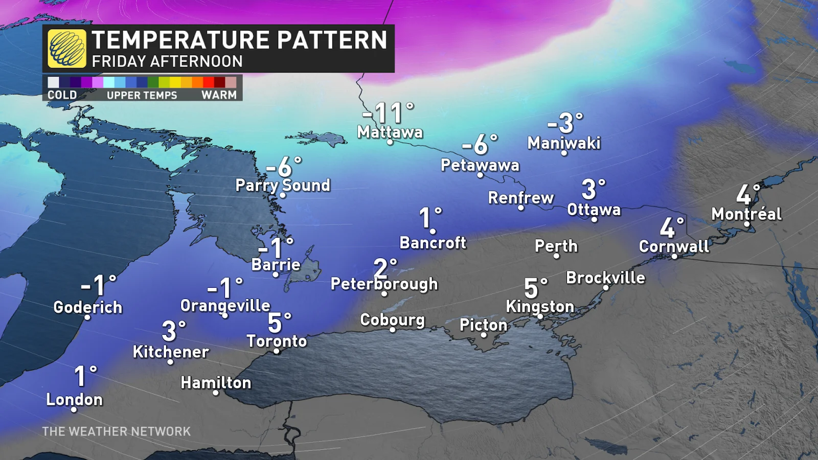 Ontario temps Friday afternoon