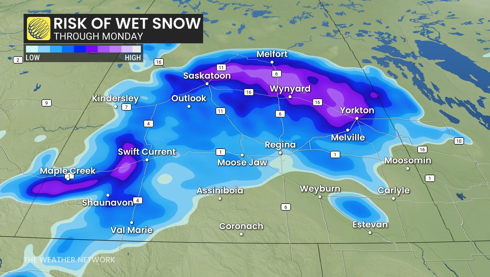 Risk of wet snow Saskatchewan through Monday