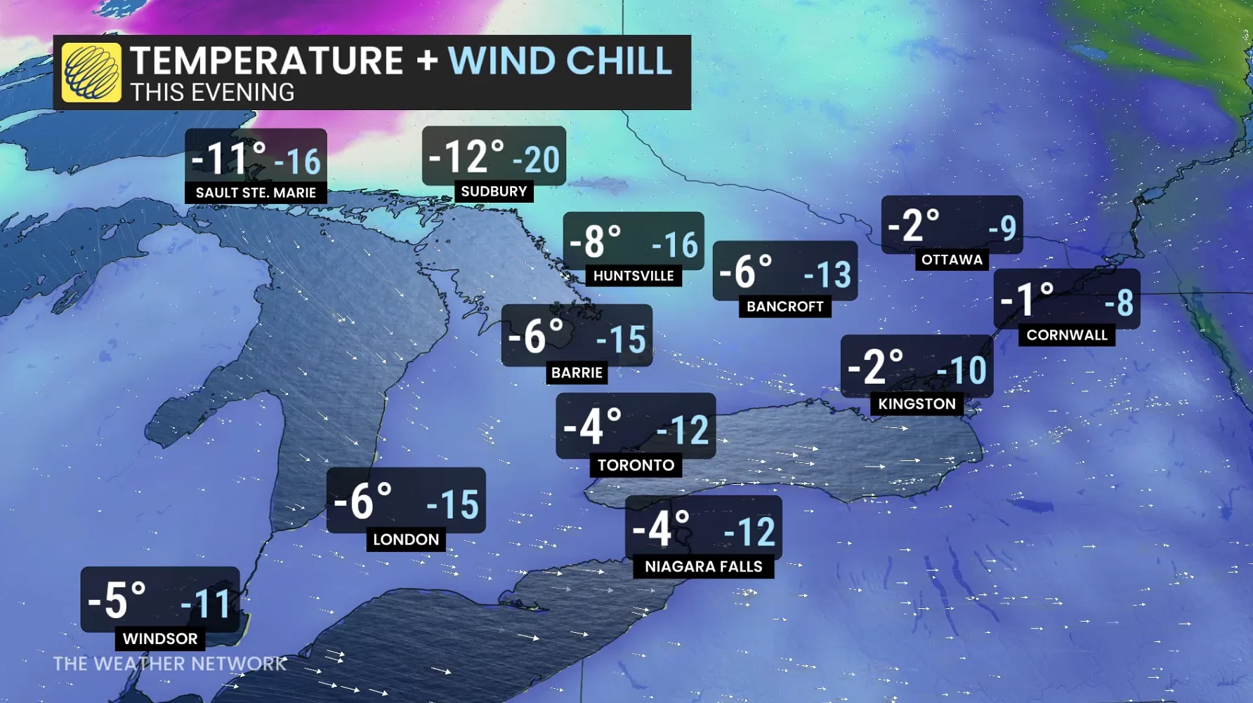 Baron - Ontario temperatures and wind chill Friday - Dec 19