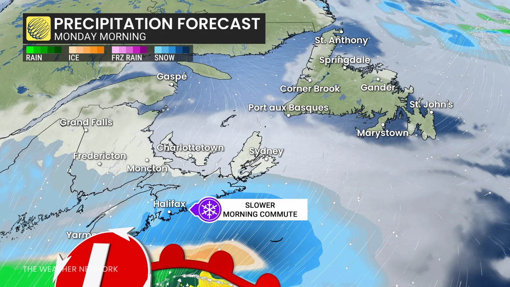 Atlantic Canada precipitation forecast Monday morning